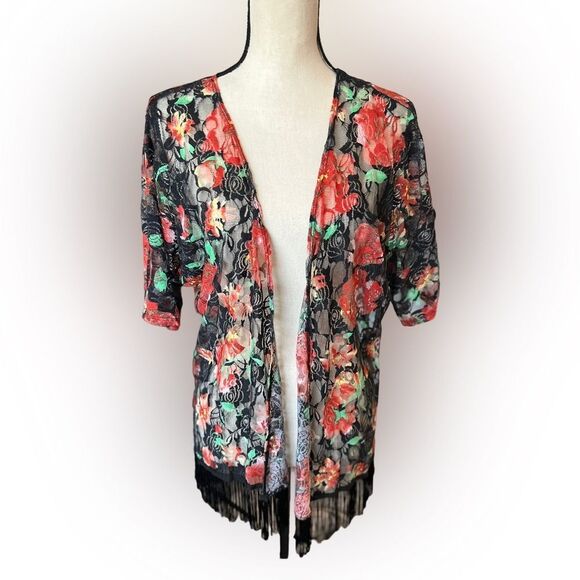Floral Lace Fringe Kimono Boho Festival Sheer Open Front Cardigan Overlay Large - Picture 1 of 5